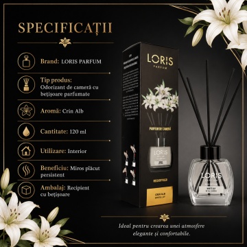 Odorizant de Cameră cu Bețișoare Parfumate Loris Parfum White Lily, 120 ml, Esență Crin Alb, Miros Plăcut și Persistent - Img 6