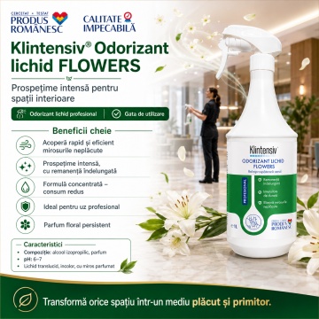 Odorizant lichid profesional Klintensiv Flowers, parfum floral persistent, gata de utilizare, pentru spații interioare, birouri, hoteluri, restaurante, vestiare și locuințe, 1 L, 4x Stickere - Img 4