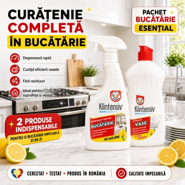 Pachet bucatarie esential Klintensiv, detergent de vase si degresant bucatarie, curatare si degresare rapida, 2x 500 ml, 4x Stickere - Img 5