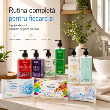 Pachet complet ingrijire Klintensiv, sapunuri Bujori si Frezii, Liliac si Iasomie 500 ml, geluri Summer Garden si Silk Garden 400 ml, sampon Anti-Cadere 400 ml, servetele IntimCare, demachiante, hartie umeda si dezinfectante, 10 produse, 4x Stickere - Img 6