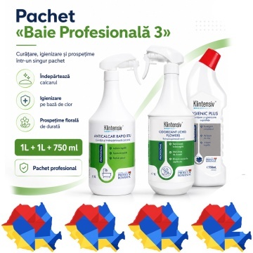 Pachet curatenie baie Klintensiv Professional Baie Profesionala 3, Anticalcar Rapid RTU, Igienic Plus cu clor si odorizant Flowers, 3 produse, 2.75 L, 4x Stickere