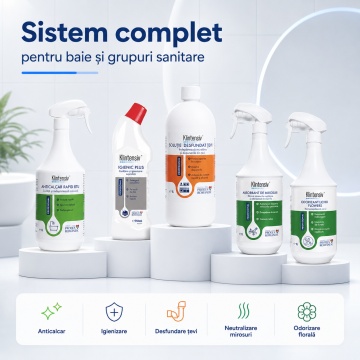 Pachet curatenie baie si grup sanitar Klintensiv Professional, Anticalcar Rapid RTU, Igienic Plus, desfundat tevi, absorbant mirosuri si odorizant Flowers, 5 produse, 4.75 L, 4x Stickere - Img 6