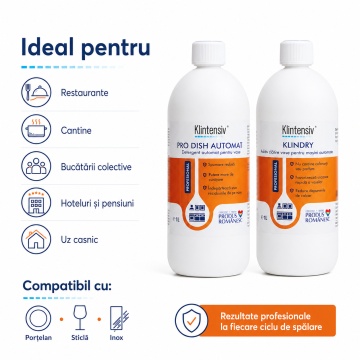 Pachet detergent si aditiv clatire masina de spalat vase Klintensiv Professional PRO DISH si KLINDRY, sistem automat profesional, 2 produse, 2x 1L, 4x Stickere - Img 6