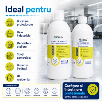 Pachet detergenti pardoseli Klintensiv Professional KLINFLOOR DEGREASE si KLINFLOOR DAILY, degresare profesionala si intretinere zilnica, 2x 1 L, 4x Sticker - Img 6