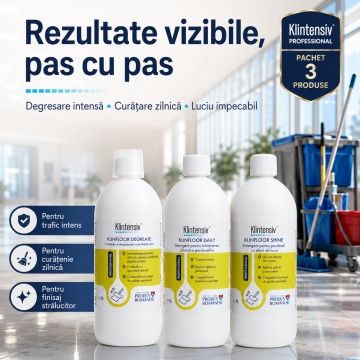 Pachet detergenti pardoseli Klintensiv Professional KLINFLOOR, DEGREASE, DAILY si SHINE, degresare, intretinere si luciu, 3 x 1 L, 4x Stickere - Img 6