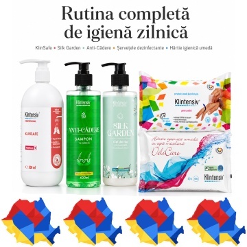 Pachet igiena completa Klintensiv, KlinSafe sapun delicat 500 ml, gel de dus Silk Garden 400 ml, sampon Anti-Cadere 400 ml, servetele dezinfectante 70 buc si hartie igienica umeda 40 buc, 5 produse, 4x Stickere