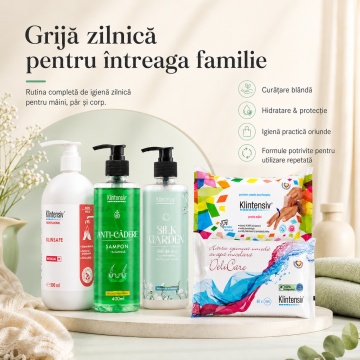 Pachet igiena completa Klintensiv, KlinSafe sapun delicat 500 ml, gel de dus Silk Garden 400 ml, sampon Anti-Cadere 400 ml, servetele dezinfectante 70 buc si hartie igienica umeda 40 buc, 5 produse, 4x Stickere - Img 6