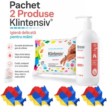Pachet igiena mainilor Klintensiv Professional, servetele dezinfectante pentru maini si KlinSafe sapun lichid delicat pentru piele sensibila, 2 produse, 500 ml + 70 buc, 4x Stickere