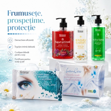 Pachet ingrijire completa Klintensiv, sapun Bujori si Frezii 500 ml, gel de dus Summer Garden 400 ml, sampon Anti-Cadere 400 ml, servetele IntimCare 40 buc si demachiante 25 buc, 5 produse, 4x Stickere - Img 6
