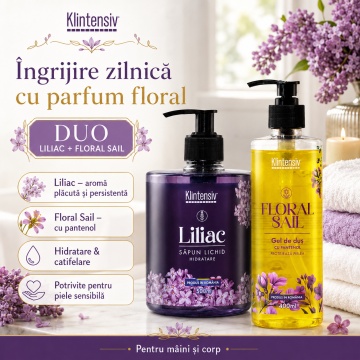 Pachet ingrijire corp Klintensiv, sapun lichid Liliac 500 ml si gel de dus hidratant Floral Sail 400 ml, 2 produse, 900 ml, 4x Stickere - Img 6