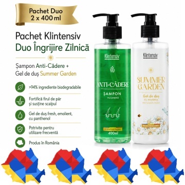 Pachet ingrijire par si corp Klintensiv, sampon Anti-Cadere 400 ml si gel de dus hidratant Summer Garden 400 ml, 2 produse, 800 ml, 4x Stickere