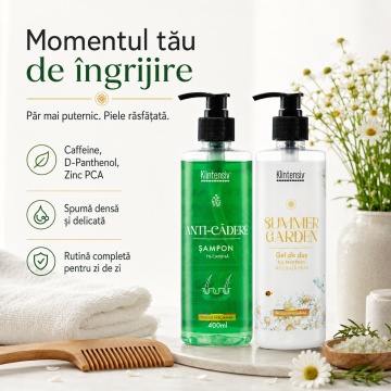 Pachet ingrijire par si corp Klintensiv, sampon Anti-Cadere 400 ml si gel de dus hidratant Summer Garden 400 ml, 2 produse, 800 ml, 4x Stickere - Img 6