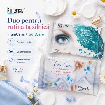 Pachet servetele umede Klintensiv, IntimCare pentru igiena intima 40 buc si servetele demachiante pentru fata 25 buc, 2 pachete, 65 servetele, 4x Stickere - Img 6