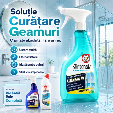 Pachet solutii curatenie baie, WC, geamuri si oglinzi Klintensiv, anticalcar, detartrant si efect antistatic, 3 produse, 1,75 L, 4x Stickere - Img 5