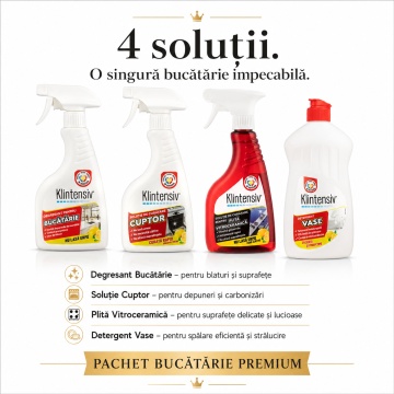 Pachet solutii curatenie bucatarie premium Klintensiv, degresant, solutie cuptor, solutie plita vitroceramica si detergent de vase, 4x 500 ml, 4x Stickere - Img 5