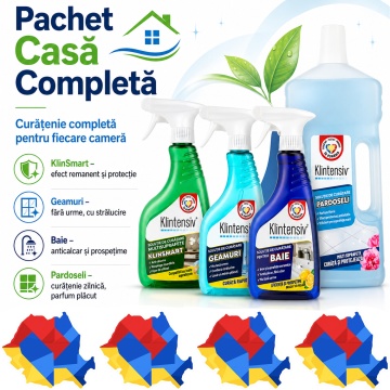 Pachet solutii curatenie casa completa KlinSmart Klintensiv, pentru baie, geamuri, pardoseli si protectia suprafetelor, 4 produse, 2,5 L, 4x Stickere