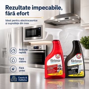 Pachet solutii curatenie electrocasnice si inox Klintensiv, spray pentru frigidere, hote, cuptoare si suprafete inox, fara urme, 2x 500 ml, 4x Stickere - Img 5