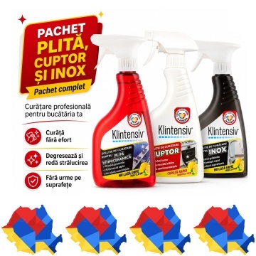 Pachet solutii curatenie plita, cuptor si inox Klintensiv, pentru grasime arsa, plita vitroceramica si suprafete din inox, 3x 500 ml, 4x Stickere