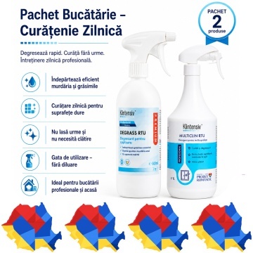 Pachet solutii curatenie zilnica bucatarie Klintensiv Professional, DEGRASS Pro degresant 500 ml si MultiClin RTU detergent multisuprafete 1 L, 2 produse profesionale, 4x Stickere