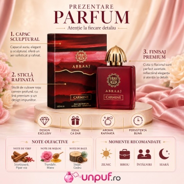 Parfum Arăbesc Abraaj Carmine Fragrance World 100 ml, Apă de Parfum Unisex, Damă și Bărbat, Aromă Aromatic Orientală cu Citrice, Condimente, Note Proaspete, Flori Albe, Lavandă, Note Calde, Cedru, Ambră și Mosc - Img 3
