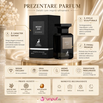 Parfum Arăbesc Alhambra Woody Oud Maison Alhambra 80 ml, Apă de Parfum Unisex, Damă și Bărbat, Aromă Oud Lemnos Condimentată, Inspirat Oud Wood - Img 3