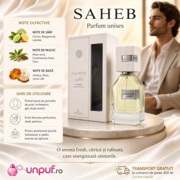 Parfum Arăbesc Ard Al Zaafaran Saheb Intense 70 ml, Apă de Parfum Unisex, Damă și Bărbat, Inspirat Imagination, Aromă Oriental Ambrată cu Bergamotă, Condimente, Fructe Dulci, Iasomie, Trandafir, Patchouli, Ambră, Mosc și Vanilie - Img 9