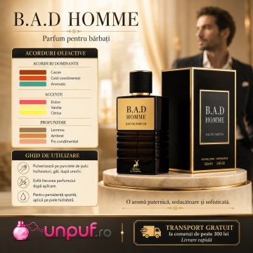 Parfum Arăbesc B.A.D. Homme Maison Alhambra 100 ml, Apă de Parfum Bărbați, Inspirat Bad Boy Carolina Herrera, Aromă Oriental Condimentată Ambrată cu Piper Alb, Bergamotă, Piper Negru, Cedru, Salvie, Boabe de Tonka, Cacao și Lemn de Ambră Amberwood - Img 9