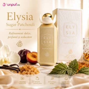 Parfum Arăbesc Elysia Sugar Patchouli Fragrance World 100 ml, Apă de Parfum Damă, Aromă Gourmand Patchouli Dulce cu Fructe Roșii, Bergamotă, Zahăr Brun, Tonka, Caramel, Flori Albe, Patchouli, Ambră, Mosc și Vanilie - Img 3