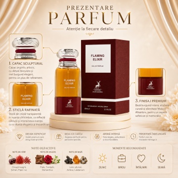 Parfum Arăbesc Flaming Elixir Maison Alhambra 80 ml, Apă de Parfum Unisex, Damă și Bărbat, Inspirat Cherry Smoke Tom Ford, Aromă Oriental Condimentată cu Vișină, Șofran, Caisă, Măslină, Osmanthus, Pielărie, Note de Fum, Note Lemnoase, Ulei Cypriol și Naga - Img 3