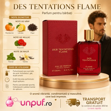 Parfum Arăbesc Fragrance World Des Tentations Flame 100 ml, Apă de Parfum Bărbați, Aromă Oriental Condimentată, Intensă și Seducătoare, cu Note de Citrice, Piper, Scorțișoară, Condimente Calde, Cedru, Rășini, Patchouli, Ambră, Mosc și Vanilie - Img 9