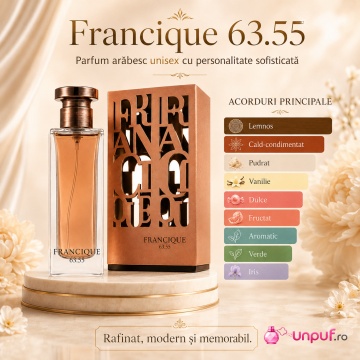 Parfum Arăbesc Francique 63.55 French Avenue 80 ml, Apă de Parfum Unisex, Damă și Bărbat, Inspirat Gris Charnel BDK, Aromă Lemnos Condimentată Pudrată cu Ceai Negru, Cardamom, Smochină, Vetiver, Iris, Boabe de Tonka, Cedru și Lemn de Santal - Img 3