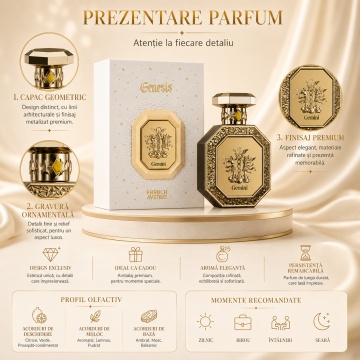 Parfum Arăbesc Genesis Gemini French Avenue 90 ml, Apă de Parfum Unisex, Damă și Bărbat, Inspirat Faces of Francis, Aromă Aromatic Orientală cu Citrice, Acorduri Verzi, Note Proaspăt Condimentate, Flori Albe, Lavandă, Note Calde, Lemn de Cedru, Ambră, Mos - Img 3