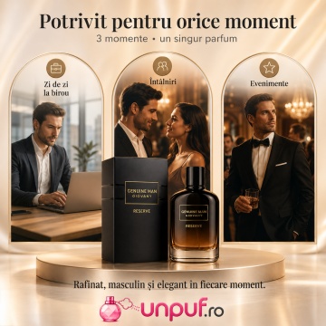 Parfum Arăbesc Genuine Man Giovany Reserve Fragrance World 100 ml, Apă de Parfum Bărbat, Aromă Lemnos Ambrată cu Iris, Whisky, Bergamotă, Castan, Cacao, Lavandă, Cedru, Patchouli și Ambră - Img 6