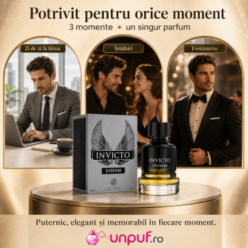 Parfum Arăbesc Invicto Intense Fragrance World 100 ml, Apă de Parfum Bărbat, Aromă Aromatic Ambrată Marină cu Note Marine, Floare de Portocal, Piper Negru, Ambroxan, Dafin, Whisky, Patchouli, Ambră, Lemn de Guaiac și Mosc - Img 6