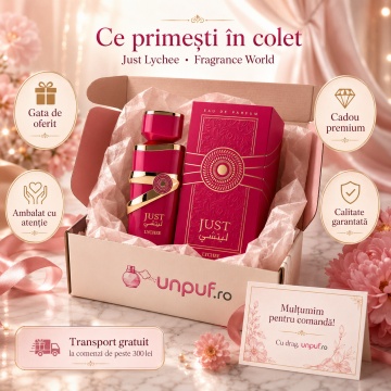 Parfum Arăbesc Just Lychee Fragrance World 100 ml, Apă de Parfum Damă, Aromă Floral Fructată cu Lici, Ananas, Caramel, Coacăză Neagră, Ambră, Lăcrămioară, Trandafir, Mosc, Mușchi și Vanilie - Img 4