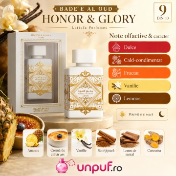 Parfum Arăbesc Lattafa Bade’e Al Oud Honor & Glory 100 ml, Apă de Parfum Unisex, Aromă Oriental Aromatică cu Ananas, Crème Brûlée, Scorțișoară, Piper Negru, Santal și Vanilie - Img 9