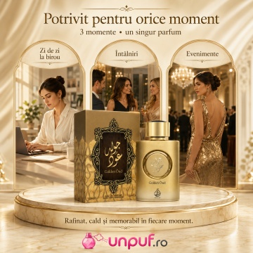 Parfum Arăbesc Lattafa Golden Oud EDP 100 ml Unisex, Inspirat Oud Bouquet, Aromă Lemnoasă cu Oud, Ambră, Vanilie, Caramel, Mosc, Vetiver, Paciuli și Lemn de Santal - Img 6