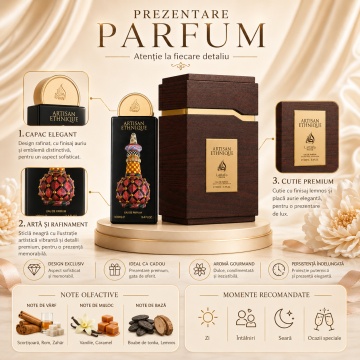Parfum Arăbesc Lattafa Pride Artisan Ethnique 100 ml, Apă de Parfum Damă, Aromă Gurmandă cu Scorțișoară, Rom, Zahăr, Vanilie, Caramel, Boabe de Tonka și Note Lemnoase - Img 3