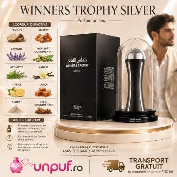 Parfum Arăbesc Lattafa Pride Winners Trophy Silver EDP 100 ml Unisex, Inspirat Born In Roma Intense, Aromă Florală cu Mandarină, Tămâie, Lemn de Cedru, Vetiver, Lavandă și Vanilie - Img 9