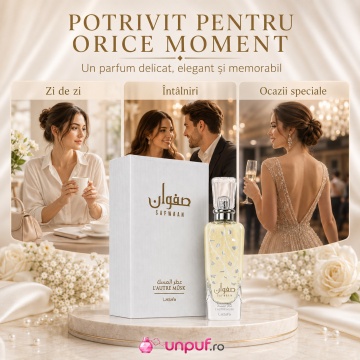 Parfum Arăbesc Lattafa Safwaan L’Autre Musk 100 ml, Apă de Parfum Unisex, Aromă Curată Pudrată cu Mosc, Vanilie, Ambră, Oud și Note Lemnoase - Img 6