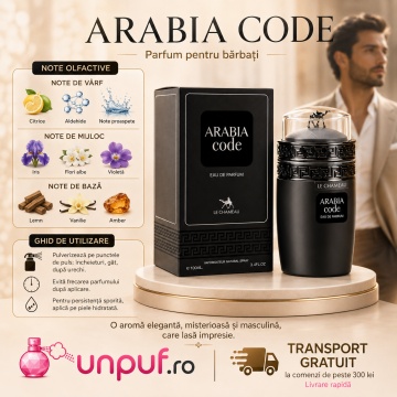 Parfum Arăbesc Le Chameau Arabia Code EDP 100 ml Bărbați, Inspirat Armani Code, Aromă Oriental Ambrată cu Citrice, Condimente, Șofran, Rășini, Flori Albe, Cedru, Ambră, Mosc și Vanilie - Img 9