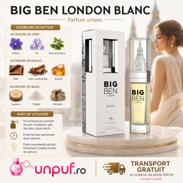 Parfum Arăbesc Le Chameau Big Ben London Blanc EDP 85 ml Unisex, Inspirat Santal 33, Aromă Aromatic Orientală cu Citrice, Condimente, Flori Albe, Lavandă, Lemn de Cedru, Ambră și Mosc - Img 9