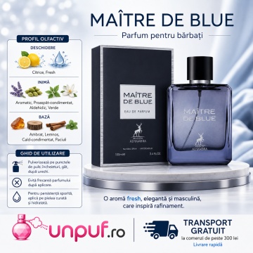 Parfum Arăbesc Maitre De Blue Maison Alhambra EDP 100 ml Bărbați, Inspirat Bleu De Chanel, Aromă Lemnos Aromatică cu Grepfrut, Lămâie, Mentă, Piper Roz, Ghimbir, Iasomie, Nucșoară, Paciuli, Cedru, Tămâie, Vetiver și Mosc - Img 9