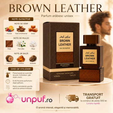 Parfum Arăbesc Milestone Brown Leather EDP 100 ml Unisex, Inspirat Tuscan Leather, Aromă Piele Lemnoasă cu Cardamom, Piper, Șofran, Piele, Lemn Cald, Trandafir, Paciuli, Ambră și Mosc - Img 9