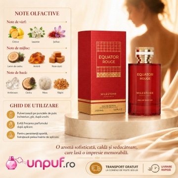 Parfum Arăbesc Milestone Equator Rouge EDP 100 ml Unisex, Inspirat So Scandal!, Aromă Oriental Ambrată cu Citrice, Iasomie, Șofran, Cedru, Ambră, Note Dulci, Ambroxan, Mosc și Rășini - Img 9