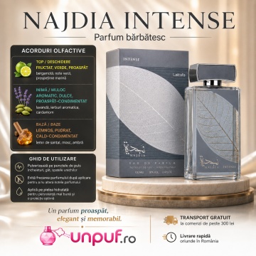Parfum Arăbesc Najdia Intense Lattafa EDP 100 ml Bărbat, Inspirat Le Beau Paradise Garden, Aromă Lemnos Aromatică cu Ananas, Măr, Mentă, Ghimbir, Note Marine, Lavandă, Mușcată, Paciuli, Santal, Tonka și Mosc - Img 9