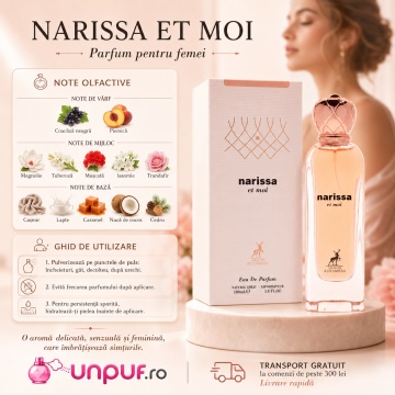 Parfum Arăbesc Narissa Et Moi Maison Alhambra EDP 100 ml Damă, Inspirat All Of Me Narciso Rodriguez, Aromă Floral Fructată cu Coacăză Neagră, Piersică, Magnolie, Iasomie, Mușcată, Trandafir, Tuberoză, Lapte, Caramel, Cașmir, Cedru și Nucă de Cocos - Img 9