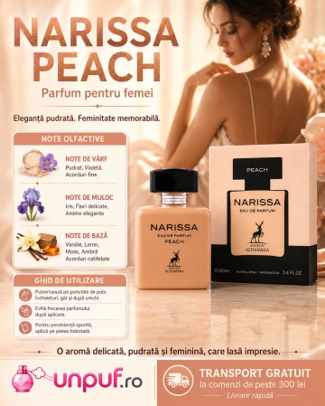 Parfum Arăbesc Narissa Peach Maison Alhambra EDP 100 ml Damă, Inspirat Narciso Poudree, Aromă Lemnos Floral Mosc cu Floare de Portocal, Iasomie, Trandafir, Vetiver, Mosc, Cumarină, Cedru și Paciuli - Img 9