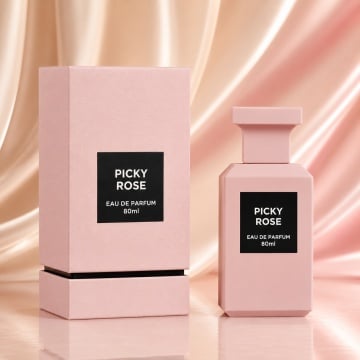 Parfum Arăbesc Picky Rose Fragrance World 80 ml, Apă de Parfum Unisex, Damă și Bărbat, Aromă Floral Trandafir Modern cu Piper Roz, Trandafir, Zmeură, Bujor, Geranium, Iasomie, Patchouli, Mosc și Vanilie