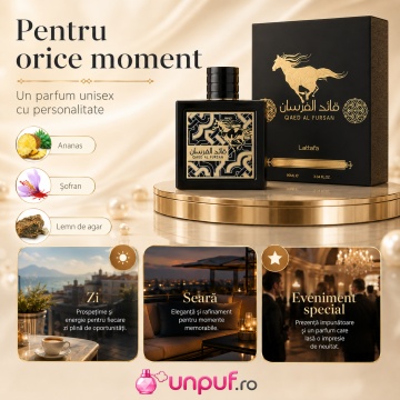 Parfum Arăbesc Qaed Al Fursan Lattafa 90 ml, Apă de Parfum Bărbat, Aromă Oriental Lemnoasă cu Ananas, Șofran, Iasomie, Balsam de Brad, Oud, Ambră și Note Lemnoase - Img 6
